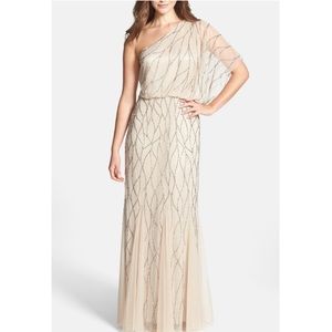 Adrianna Papell long one shoulder nude gown